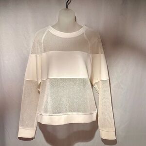 White Sheer Mesh Scuba Paneled Women's Long Sleeve Coverup Sweatshirt Top